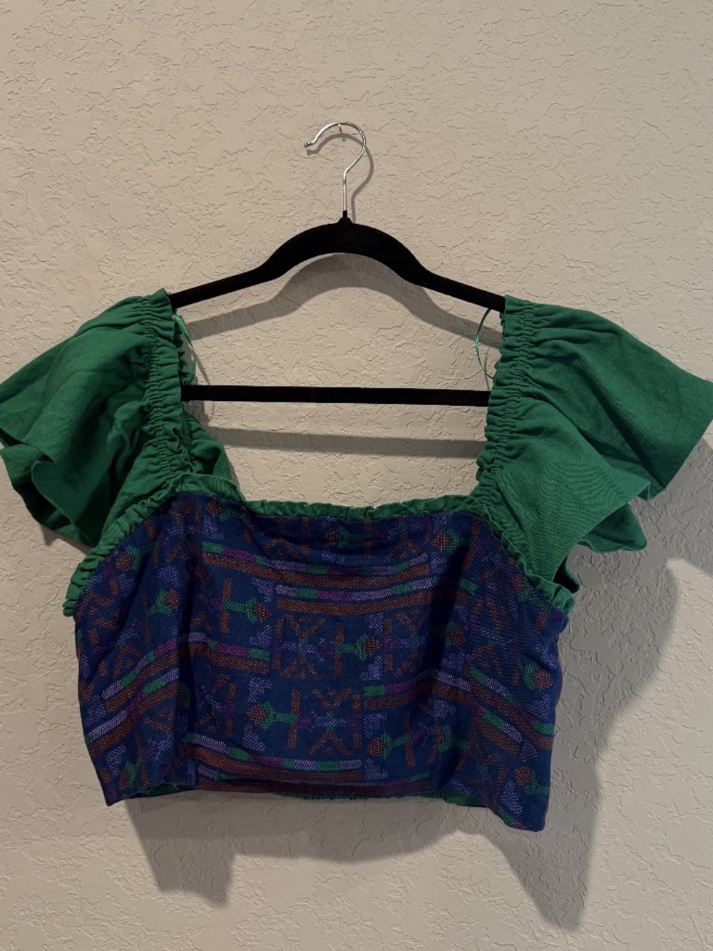 Rachel Zoe Green & Blue Smocked Flutter Sleeve Crop Top L
